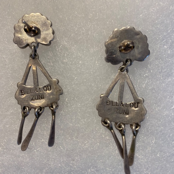 Vintage Zuni Red Coral Petit Point Post Chandelier Earrings Signed Bill & Lou - Picture 5 of 10